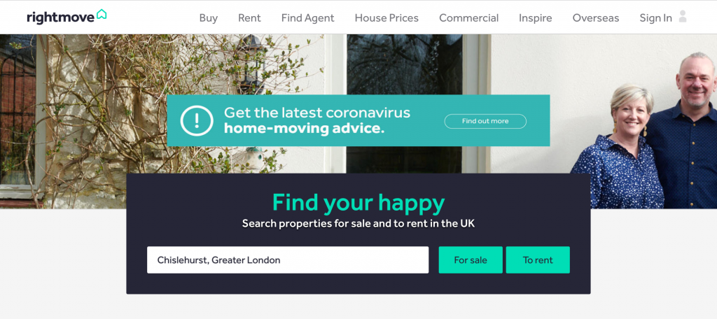 The RIghtMove hompage where we've entered our location to find Granny Annexes for sale.