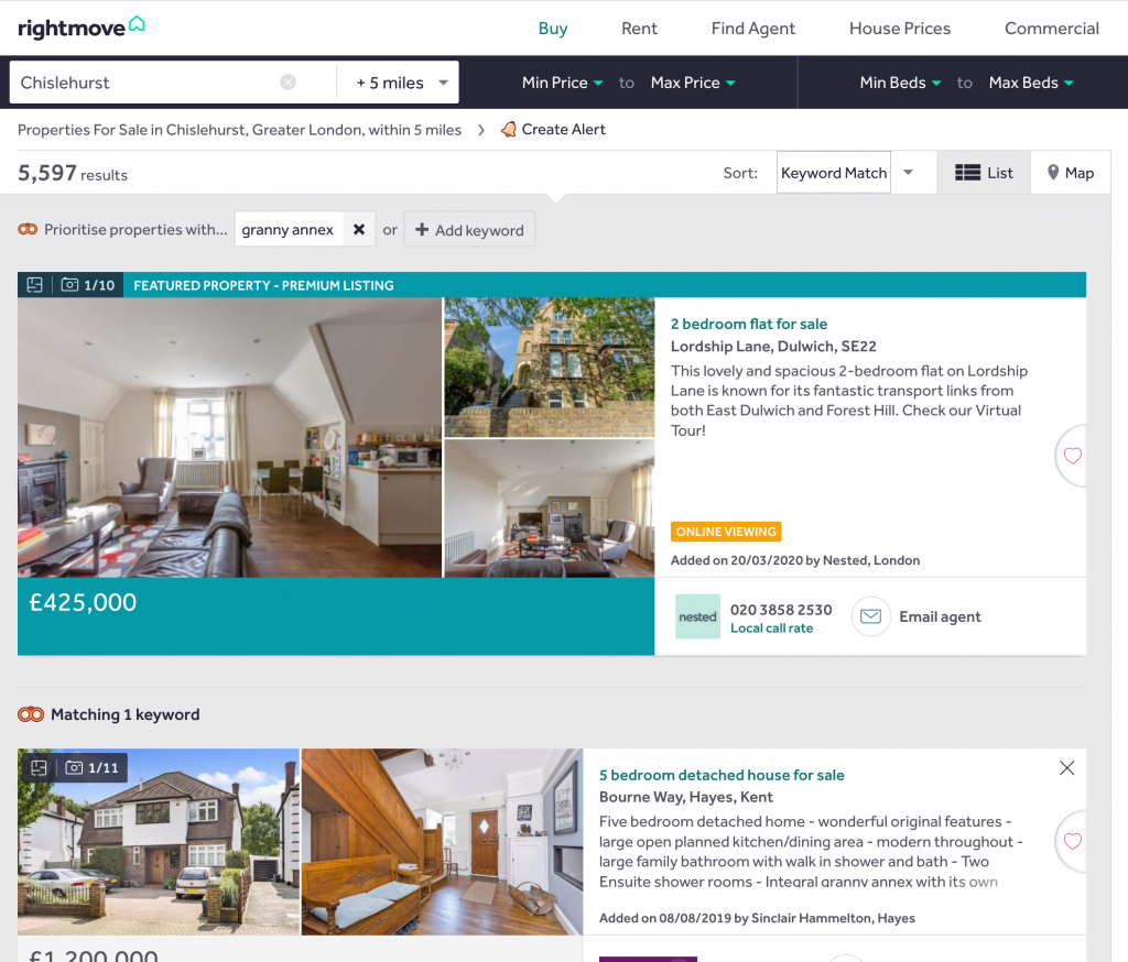 Search results showing houses with a granny annex for sale.