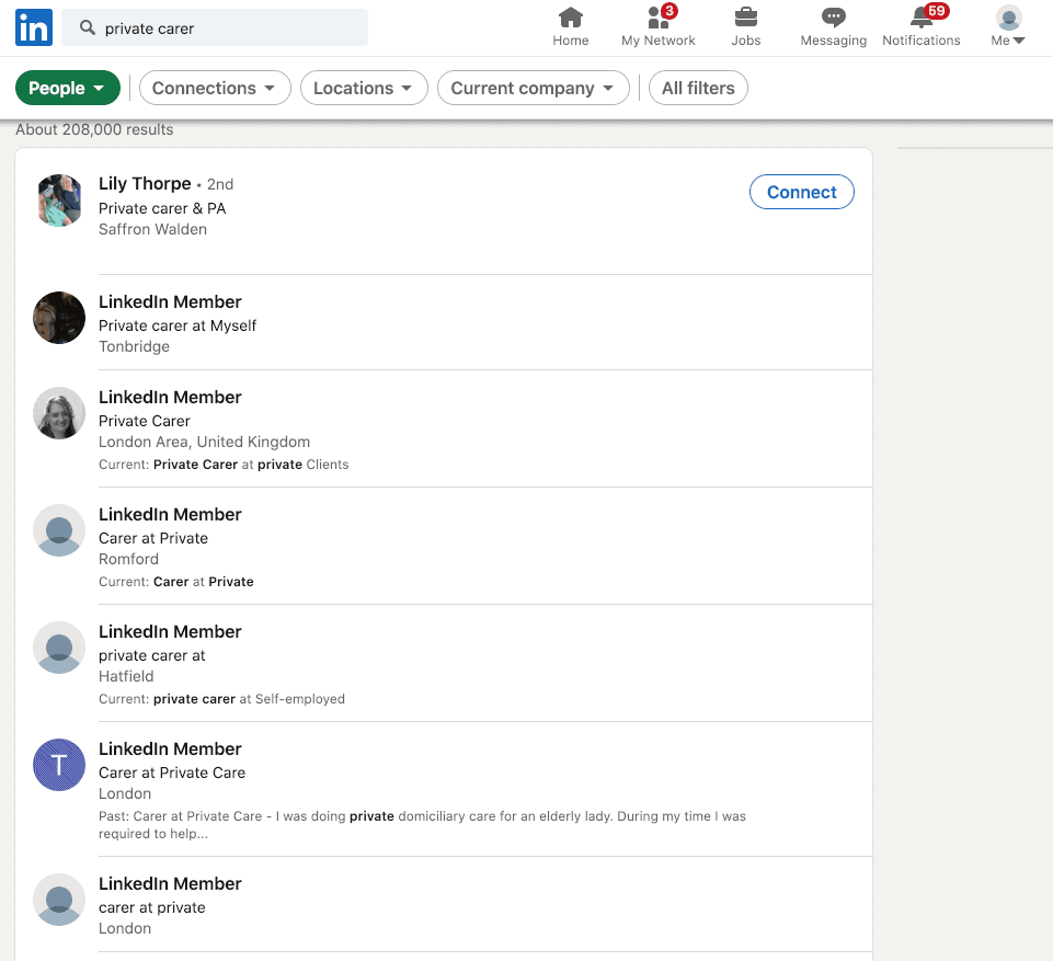 Linkedin carer search results